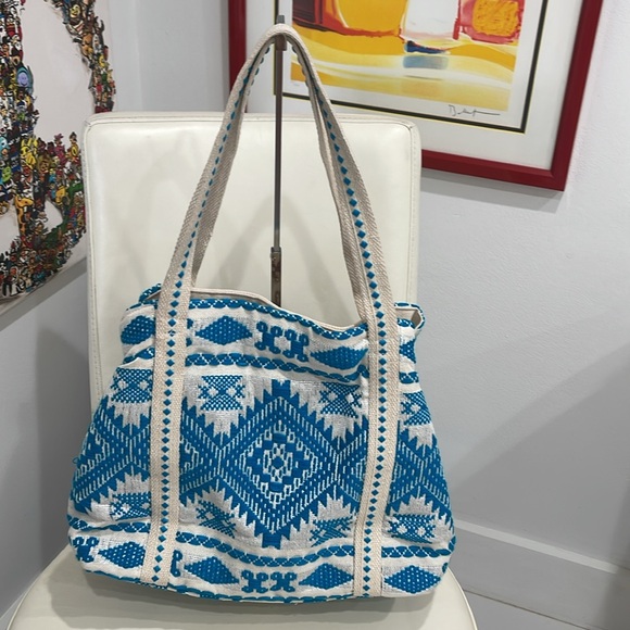 America & Beyond Cream/Blue/Turquoise Sparkly Beaded "Butterfly" Tote Bag - Picture 2 of 7